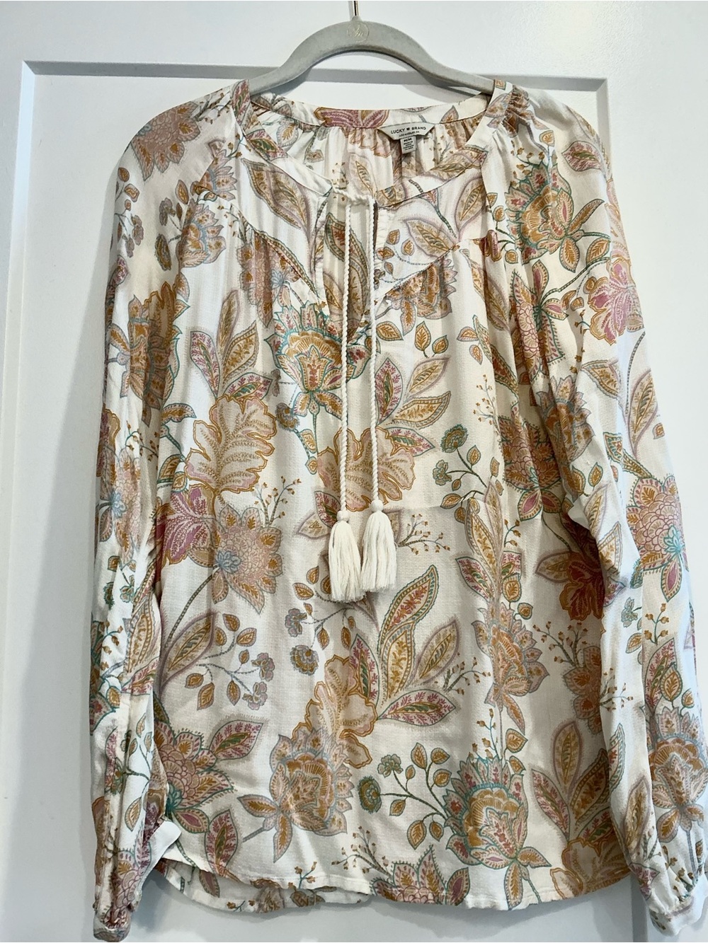 Lucky Brand Cream Floral Tassel Peasant Top